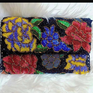 black floral bloom handmade beaded clutch